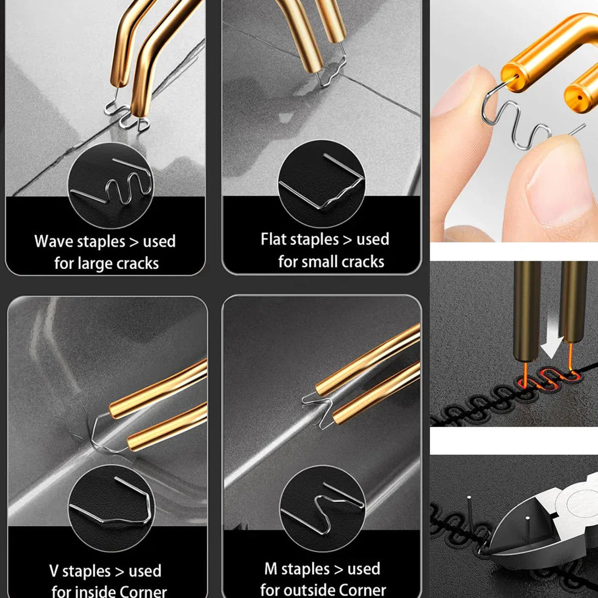 A set of plastic welding staples including wave, flat, V, and M types used for various crack sizes.