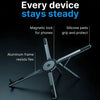 A black aluminum frame phone holder with magnetic locks and silicone pads for grip and protection.