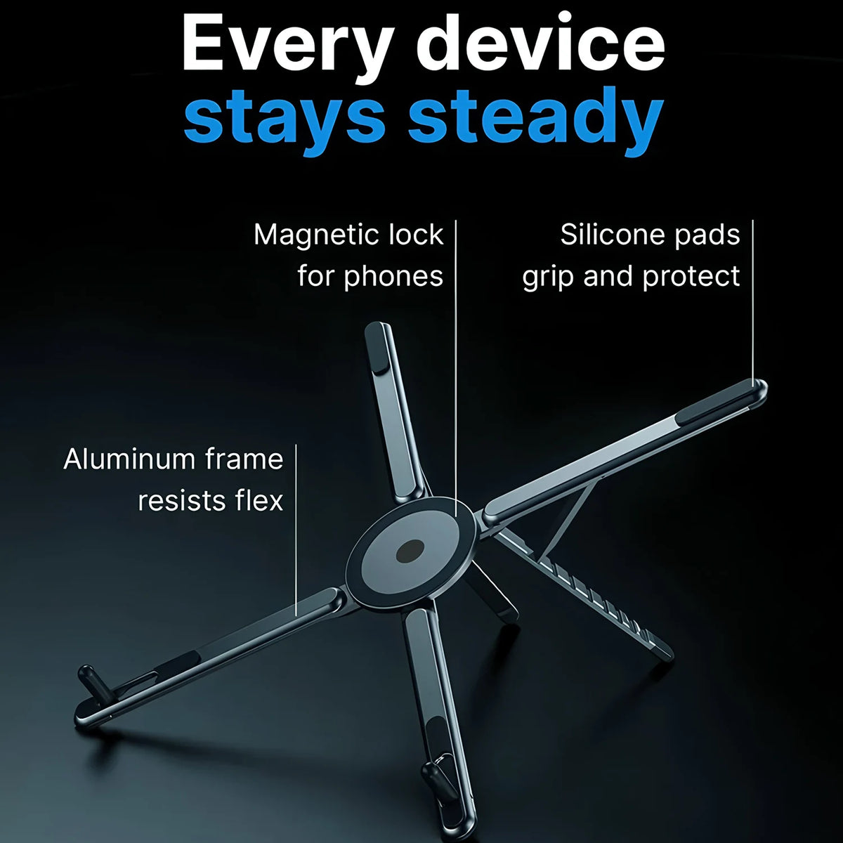 A black aluminum frame phone holder with magnetic locks and silicone pads for grip and protection.