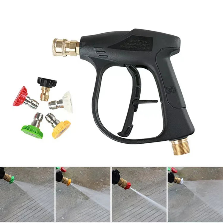 Black high-pressure foam cannon with a 5-piece nozzle set and spray pattern demonstration.