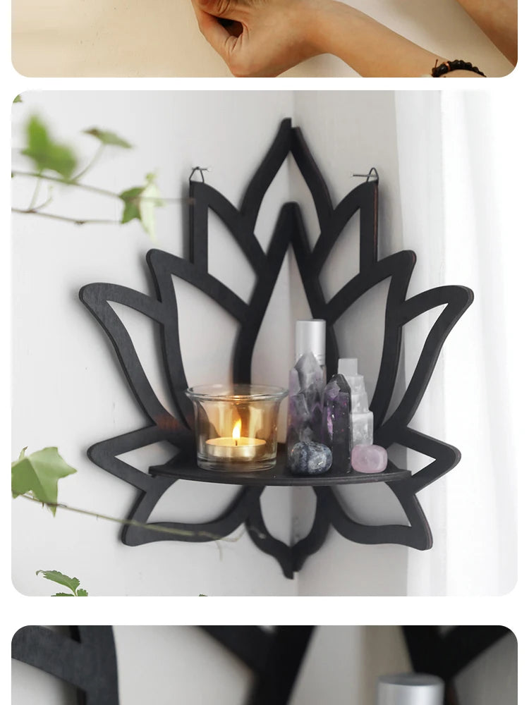 Handcrafted Lotus Wooden Wall Shelf with Cutout Design