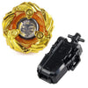 A gold-colored Beyblade launcher featuring a phoenix wing and drumsword component.