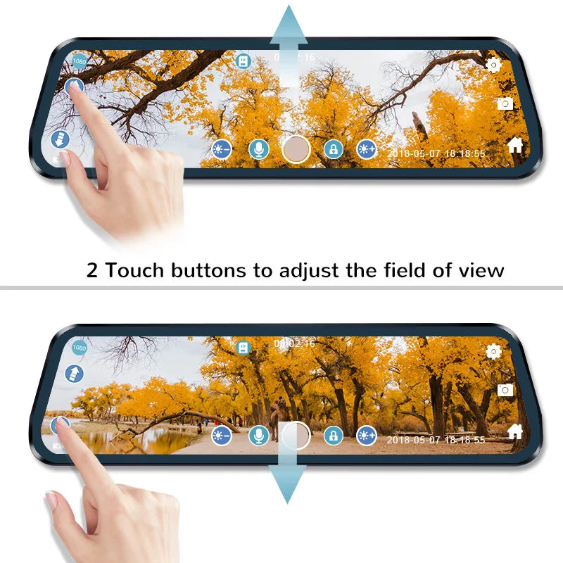 A hand adjusts the field of view on a touchscreen dual camera rearview mirror dash cam displaying an outdoor scene.