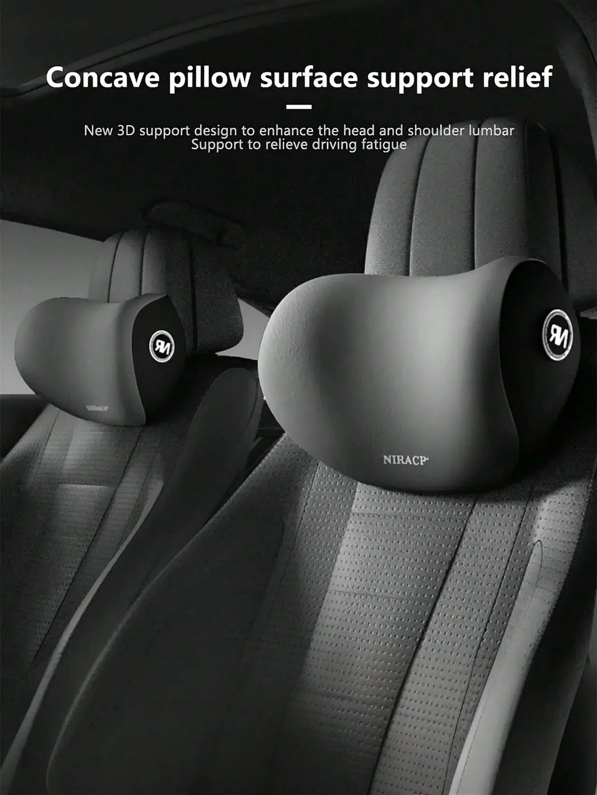 A close-up view of a black concave pillow surface support relief headrest and lumbar cushion in a car seat.