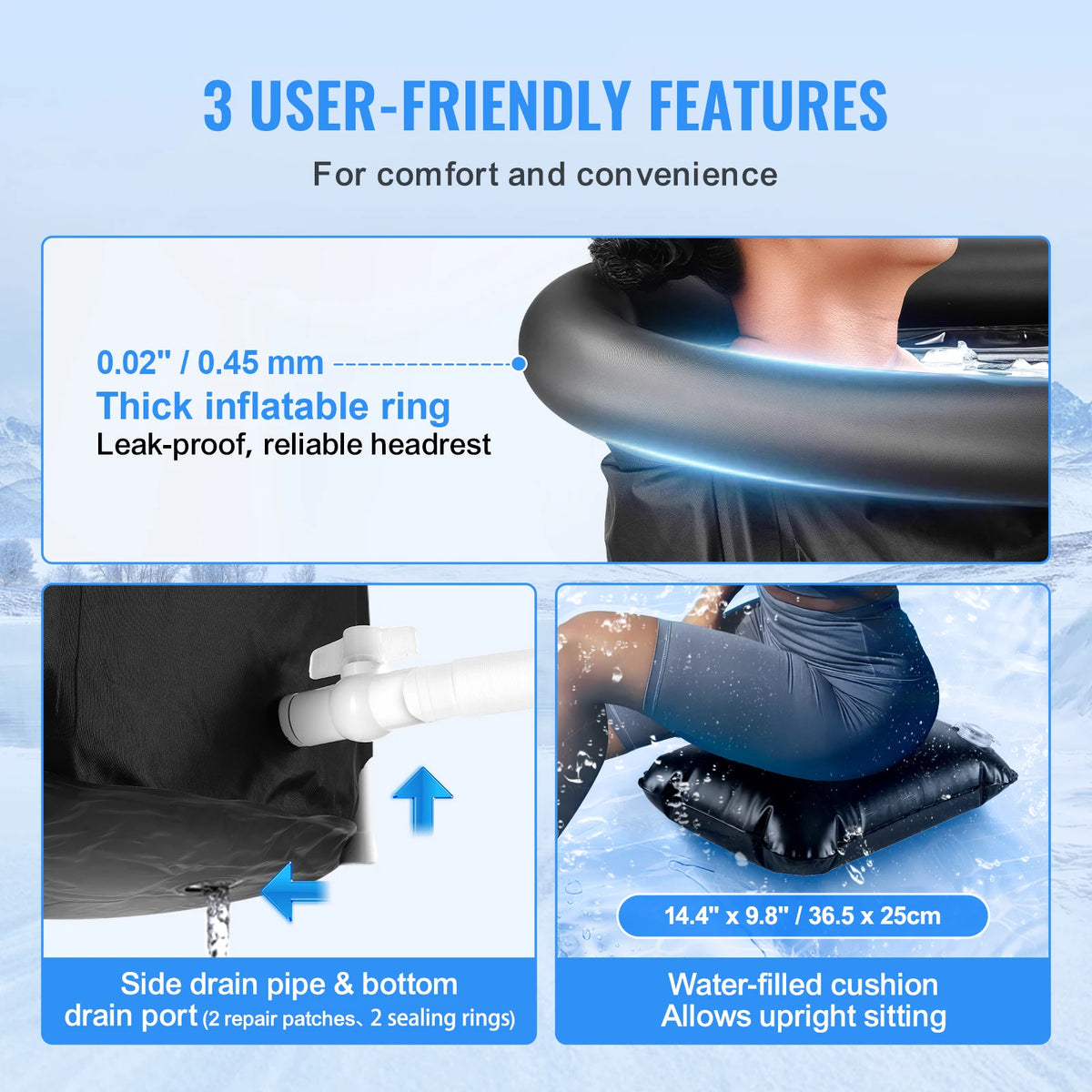 A black inflatable ring product with a leak-proof design and a water-filled cushion for cold water therapy.