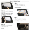 Installation steps for a foldable car side window sun shade with UV protection showing how to install rails and curtains