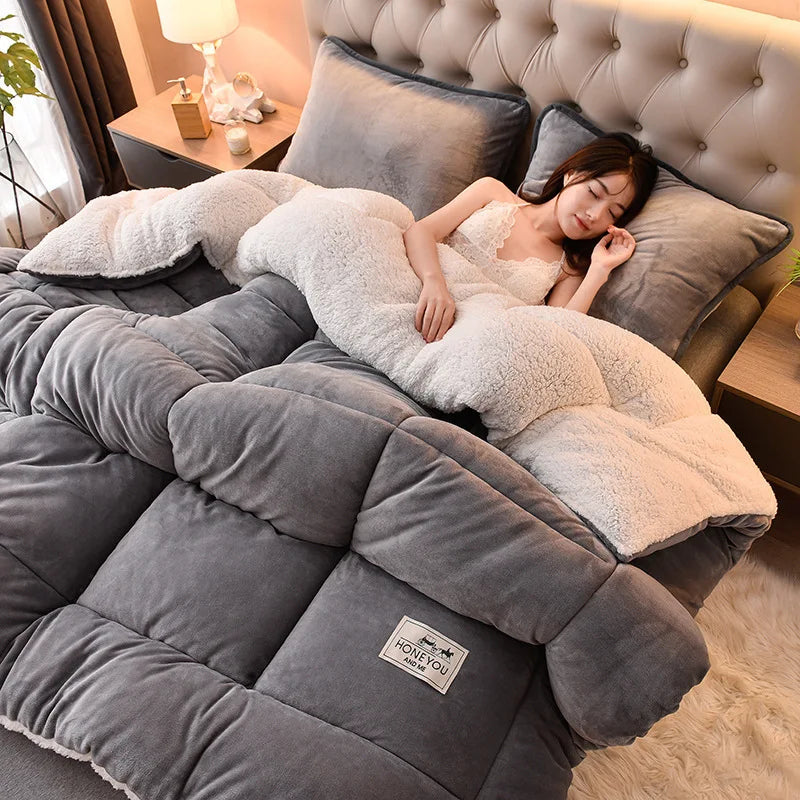 A woman is relaxing under a cozy double-sided velvet warm quilt blanket on a bed.