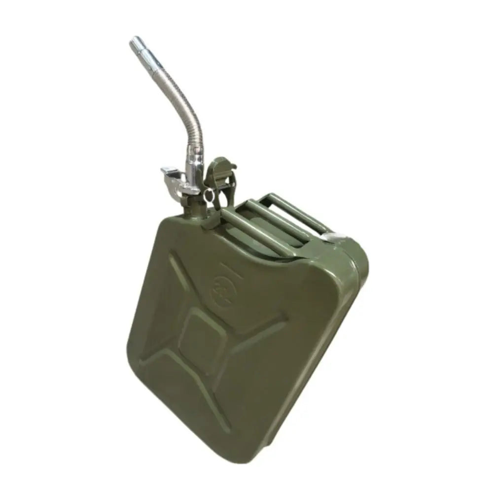 A green universal jerry can spout with a metal fitting and leak-proof seal.