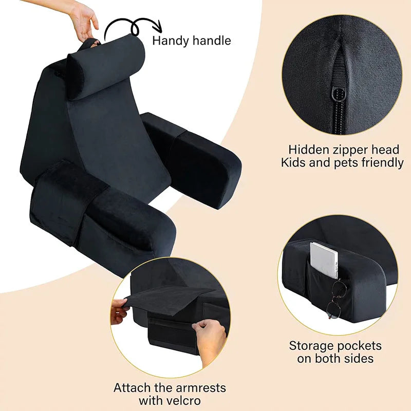 Ergonomic Back Support Pillow with Side Arms — Memory Foam Reading Cushion for Bed, Sofa & Office