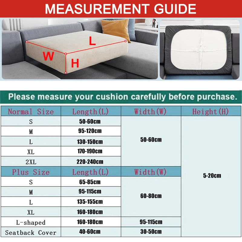 Measurement guide showing standard and plus size dimensions for sofa cushion covers.