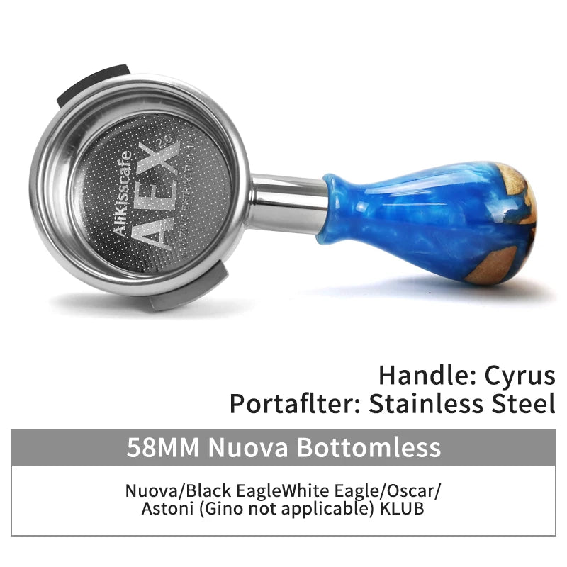 A stainless steel bottomless espresso portafilter with a blue handle and a circular basket.
