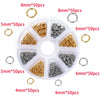 A variety of gold and silver jump rings, clasps, and crimps in different sizes are displayed in a circular plastic tray.