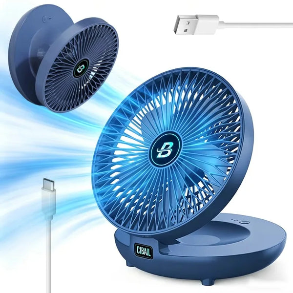 Un ventilador azul recargable con cable desmontable y aspa circular sobre una superficie.