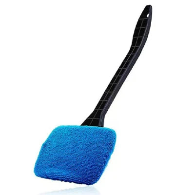 A black car windshield cleaning brush kit with a bright blue microfiber pad.