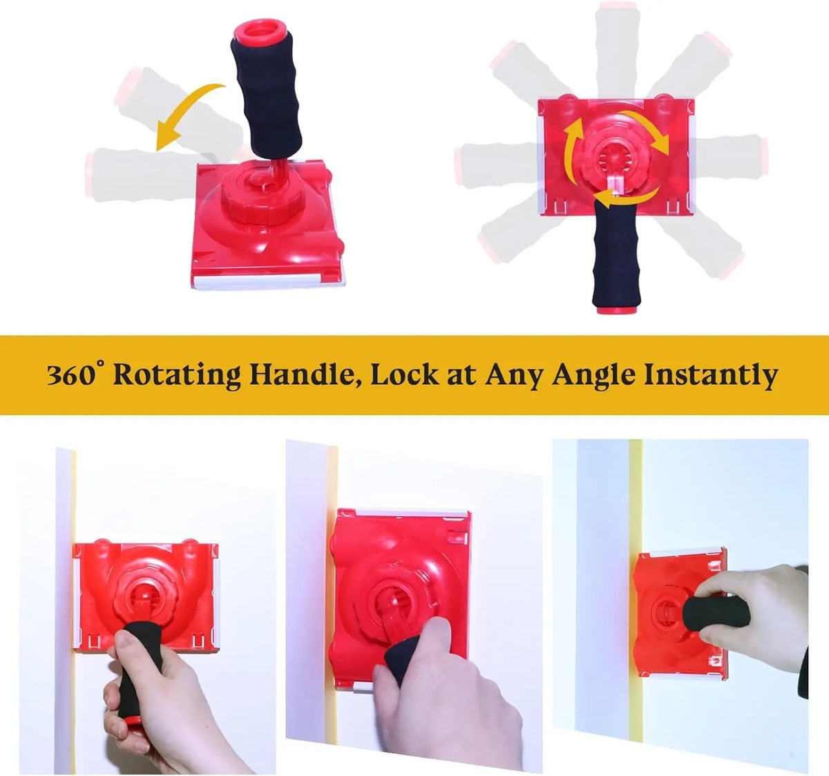A red latex paint edger brush with a 360 degree rotating handle is shown in various angles.