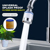 A close-up of a kitchen faucet with a water filter nozzle spraying clean water, demonstrating universal splash proof and filt
