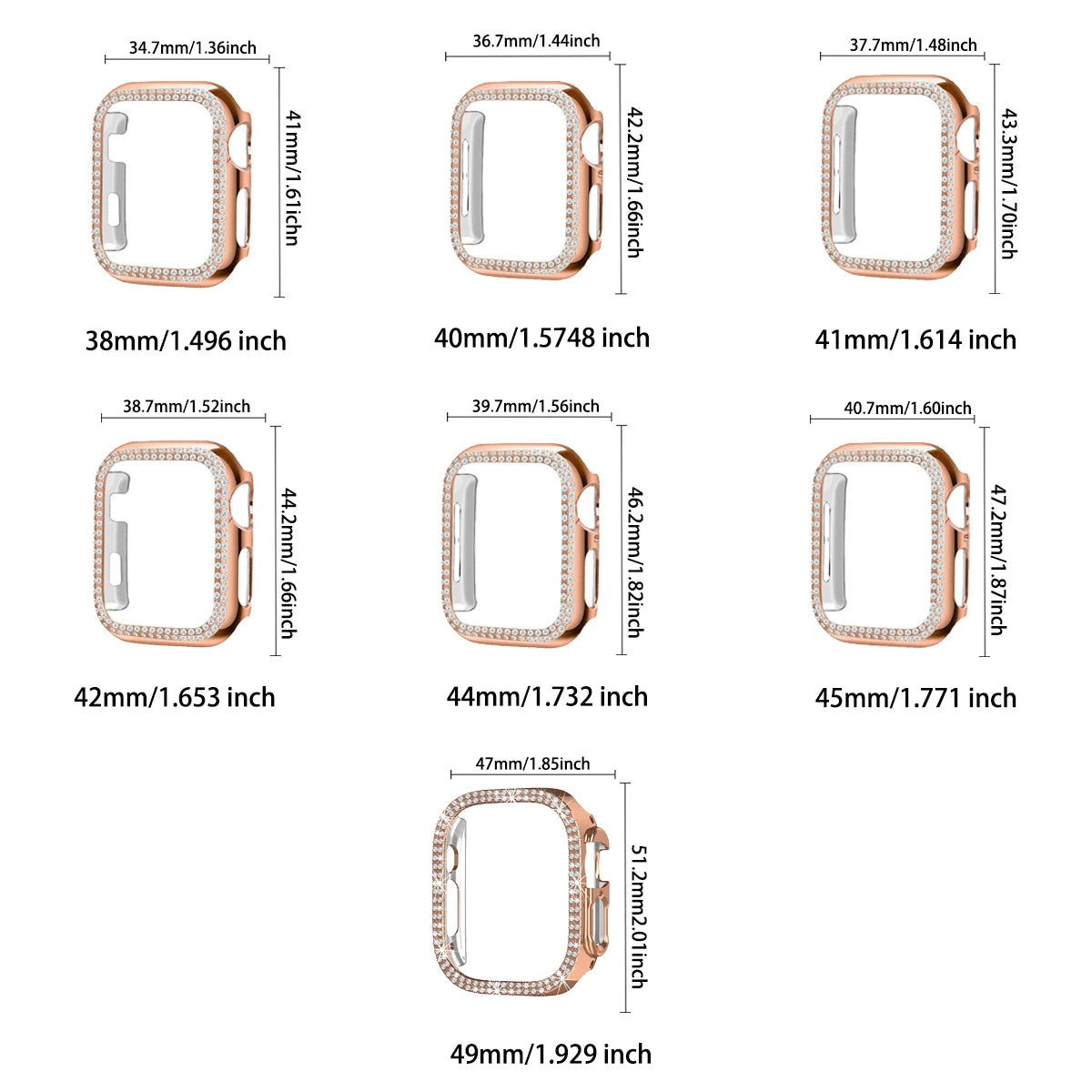 Varias tallas de fundas con cristales de purpurina para Apple Watch, mostradas en formato de cuadrícula.