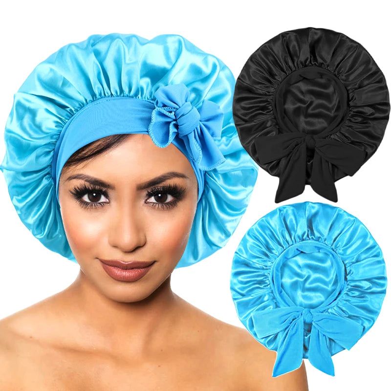 Blue silky satin sleep cap with wide band and black matching bow for women