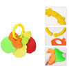 A set of fruit-shaped silicone teethers and rattles in various colors like yellow, orange, green, and red.