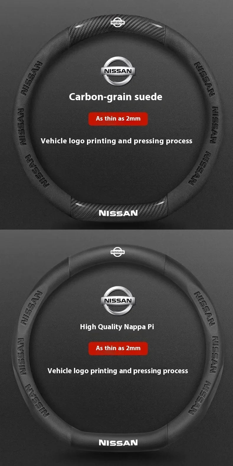 A close-up view of a black steering wheel cover showing two options: carbon-grain suede and high quality nappa pi.