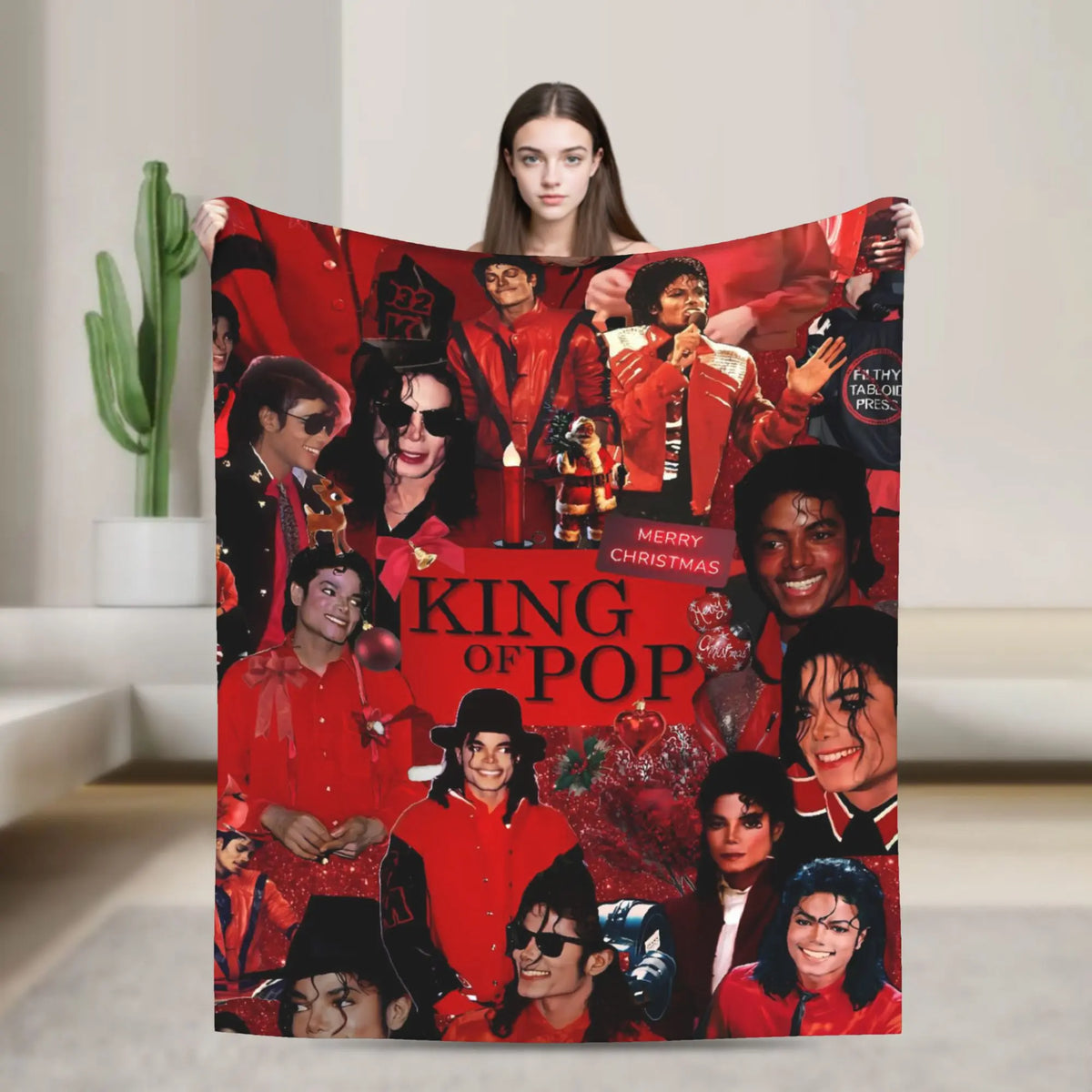 A graphic plush throw blanket featuring images of King of Pop Michael Jackson in various outfits and poses.
