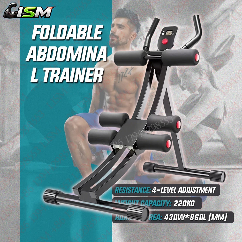 A black foldable abdominal trainer with an LCD display is shown against a blue background.