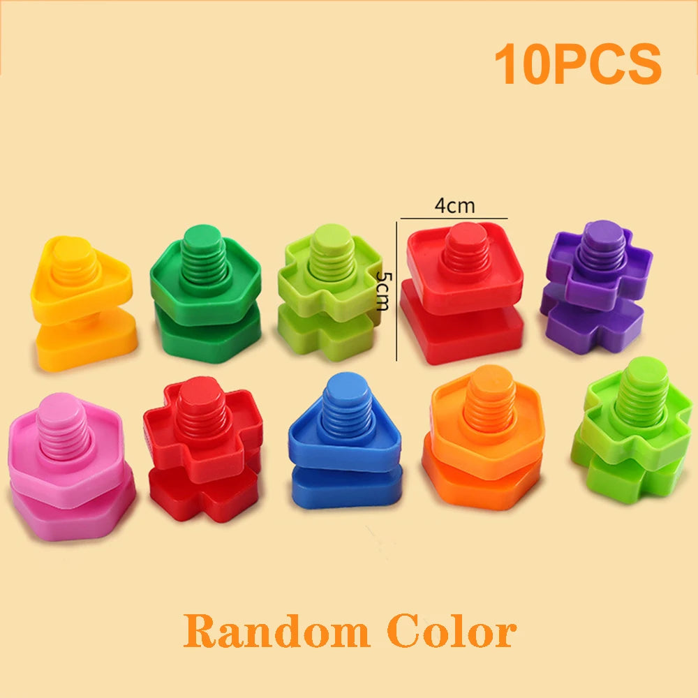 Ten pieces of colorful screw and nut building blocks in various colors like yellow, green, red, purple, and blue.