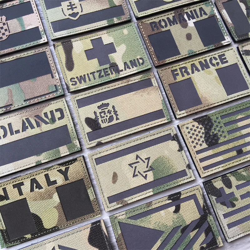 A grid of 3D IR reflective national flag tactical patches with hook-and-loop backing featuring various country flags.