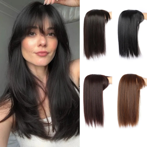 A woman shows off a long straight black hair topper with bangs, displayed in various lengths and shades.