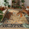 A rectangular area rug featuring an orange and black tiger print on a beige background with dark borders.