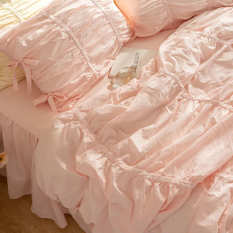 Washed Cotton Ruffle Bedding Set with Bow Ties – Pure White