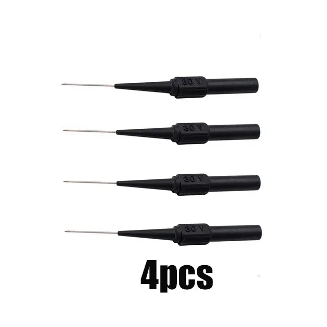 Four black multimeter back-piercing test probes with needle tips.
