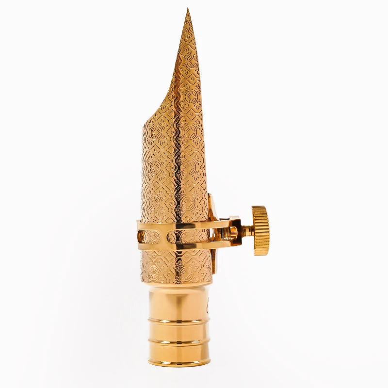 Gold-plated brass tenor saxophone mouthpiece with a conical, pointed design.