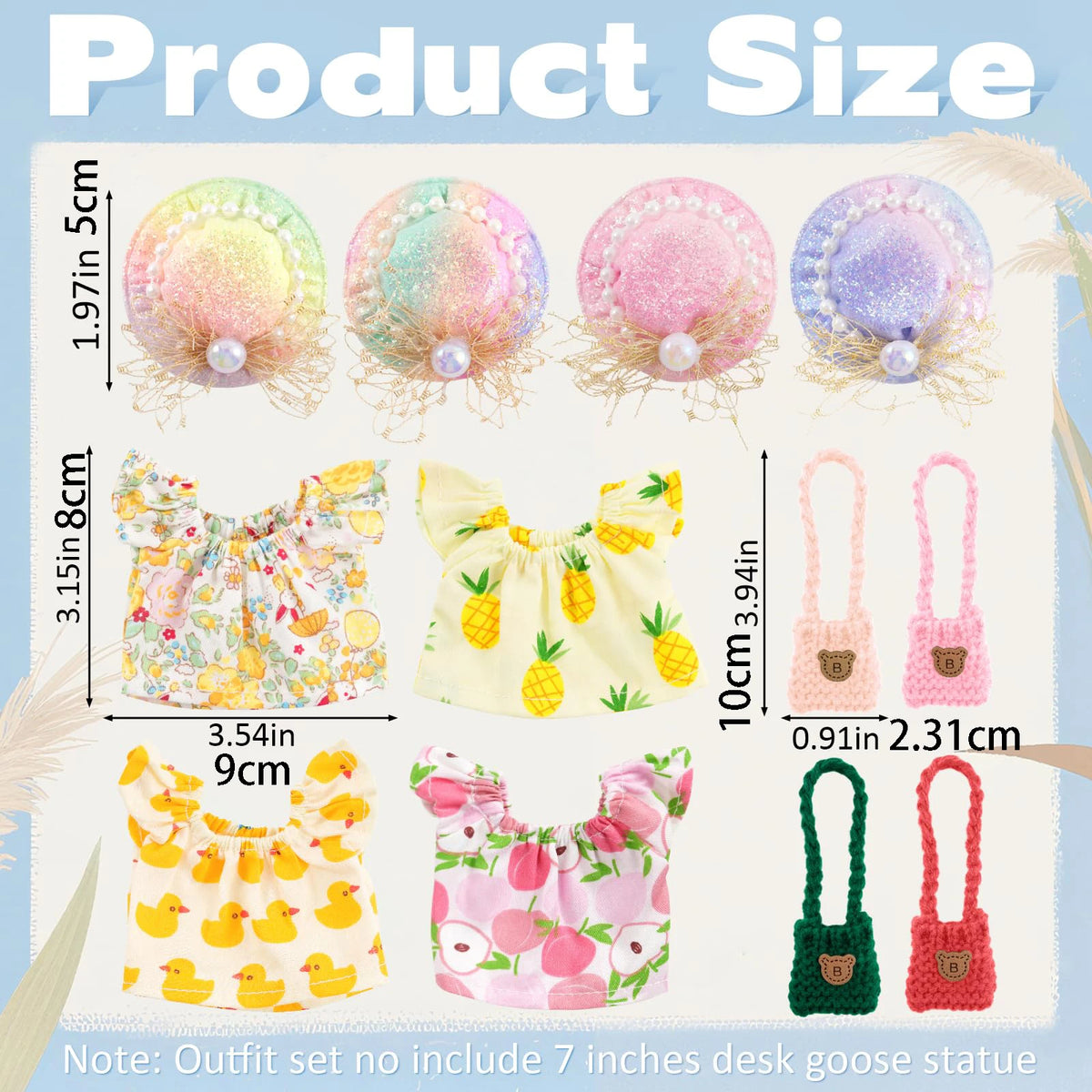 A collection of colorful, fluffy pompom-style outfits and a yellow outfit set for a 7-inch desk goose statue.