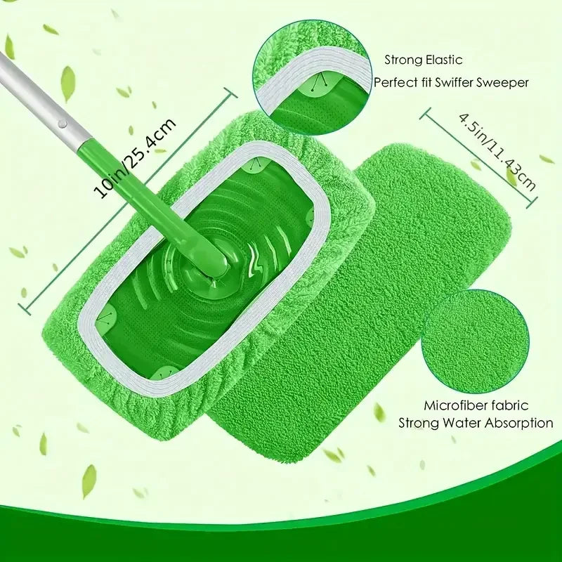 A green microfiber mop pad with a white border and a handle is shown, demonstrating strong elastic fit and water absorption.