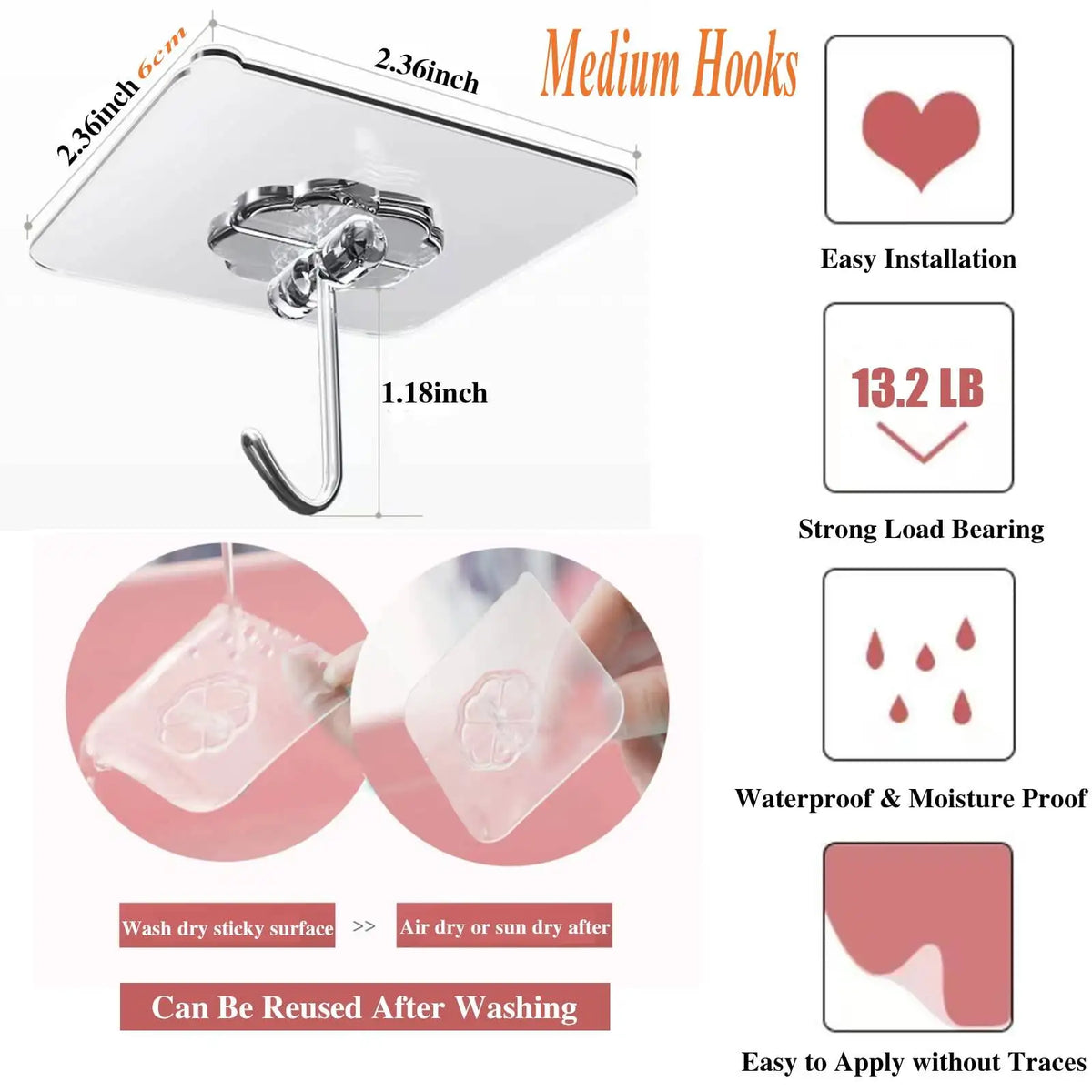Medium hooks with a clear silicone design showing easy installation, strong load bearing, and waterproof features.