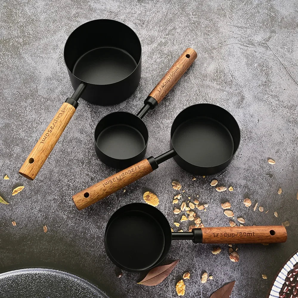 Stainless Steel Measuring Cup and Spoon Set with Wooden Handles