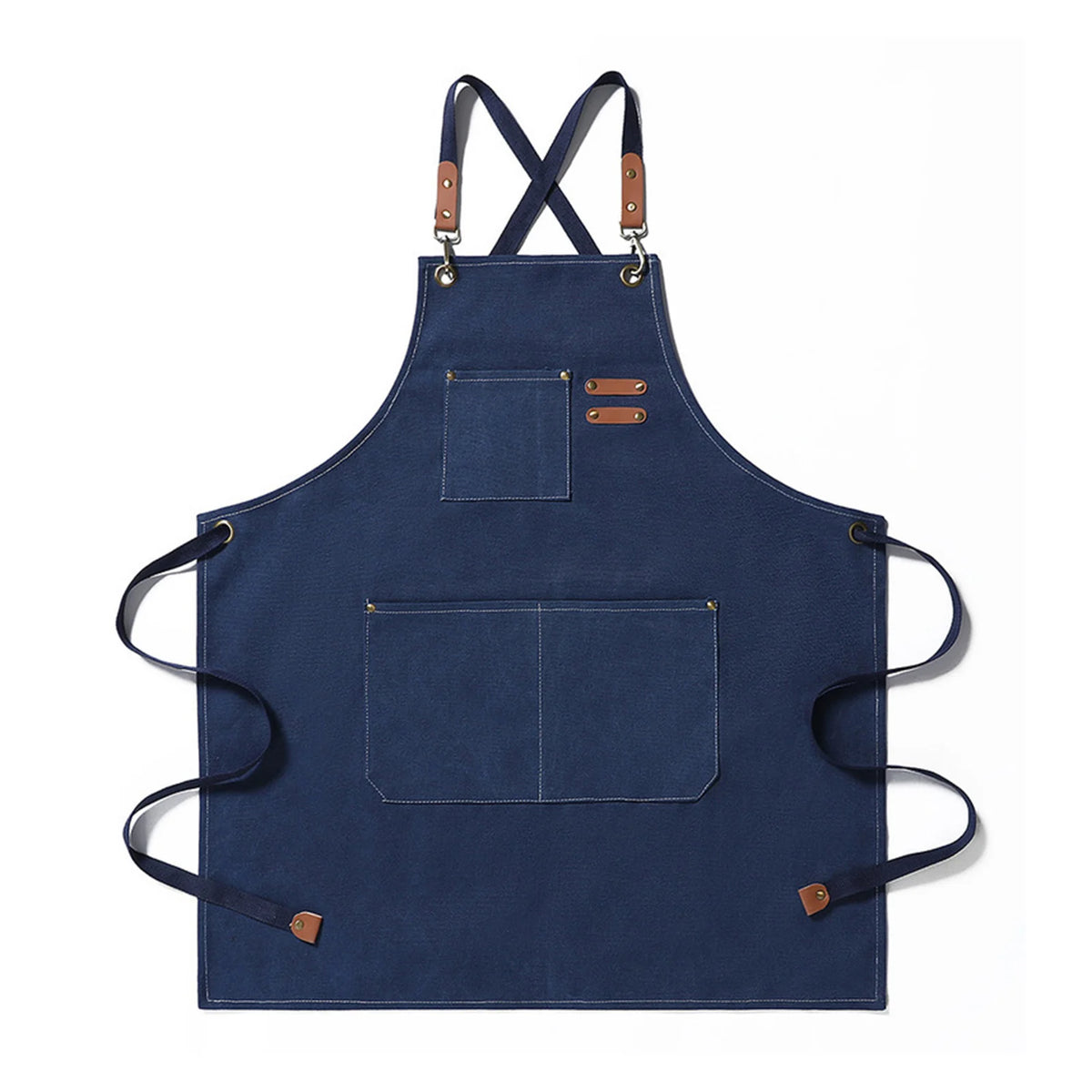 Navy blue canvas apron with straps and large front pockets