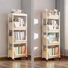 A light beige rolling storage cart with multiple tiers for organizing books and small items.