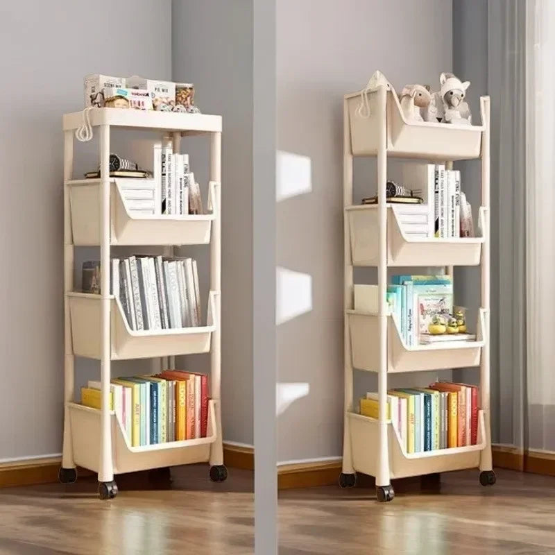 A light beige rolling storage cart with multiple tiers for organizing books and small items.