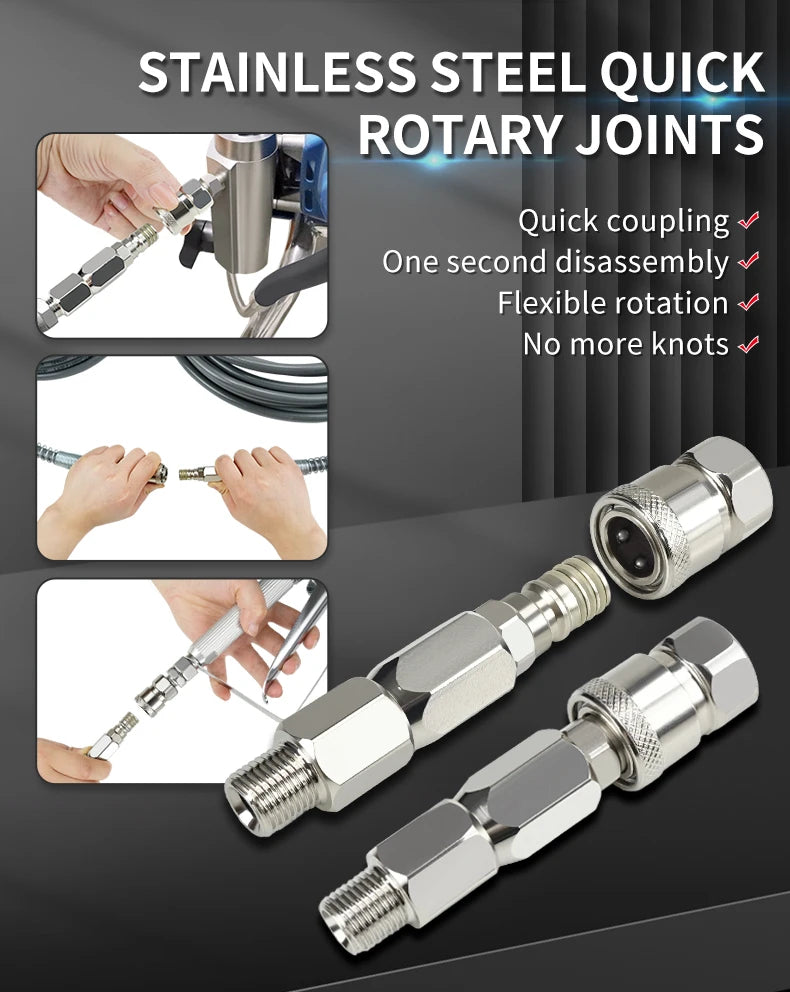Stainless steel quick rotary joints used for coupling airless spray hoses with flexible rotation.