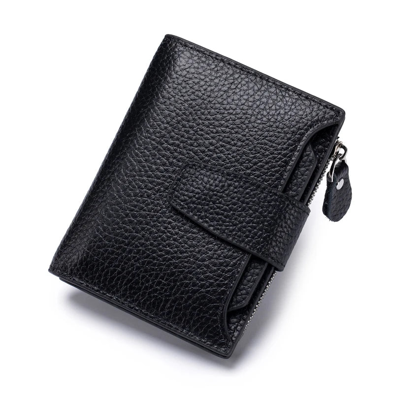 Black genuine leather RFID blocking bi-fold wallet shown from above