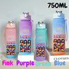 A set of three 750ml portable sports water bottles in pink, purple, and blue colors.