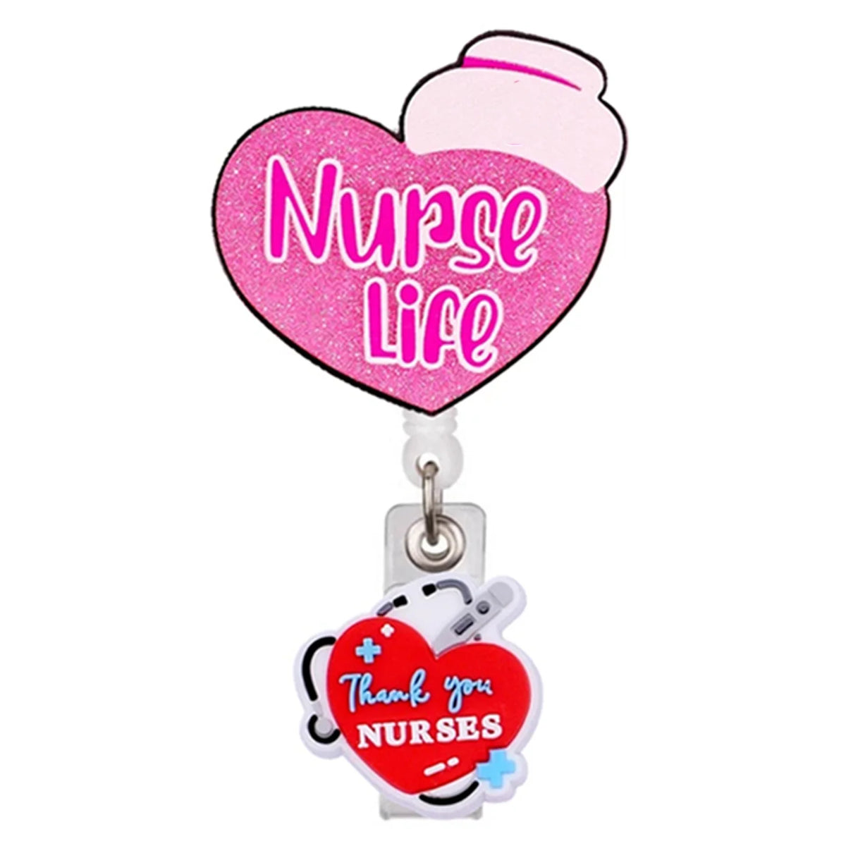 Heart Shape Glitter Acrylic Retractable Badge Reel with Crocodile Clip