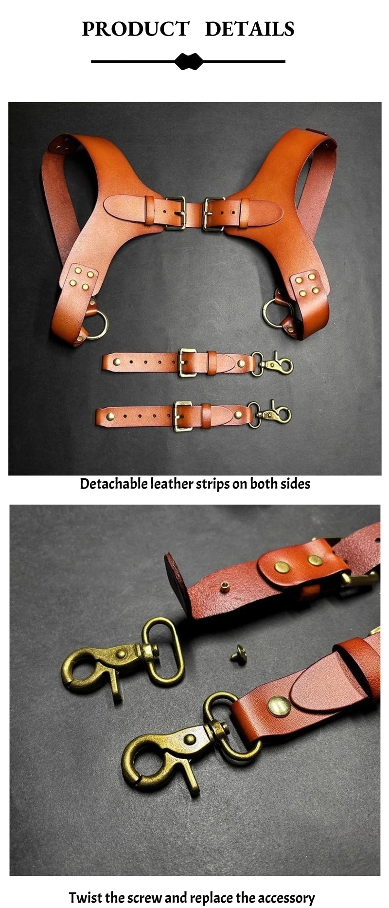 Brown leather double shoulder suspenders with brass hardware shown on a dark background.