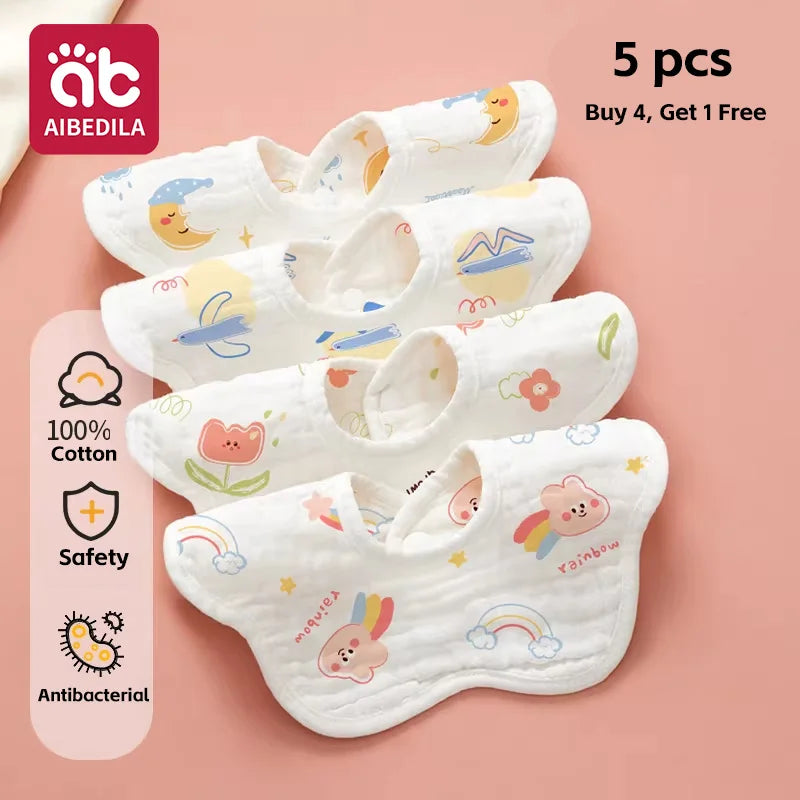 Five white soft cotton muslin bandana bibs for babies with cute designs