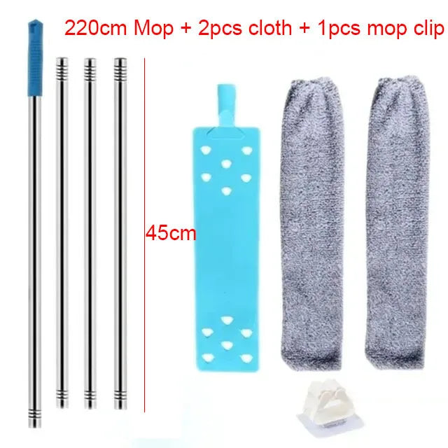A set of cleaning tools including a 220cm mop, two cloths, and one mop clip.