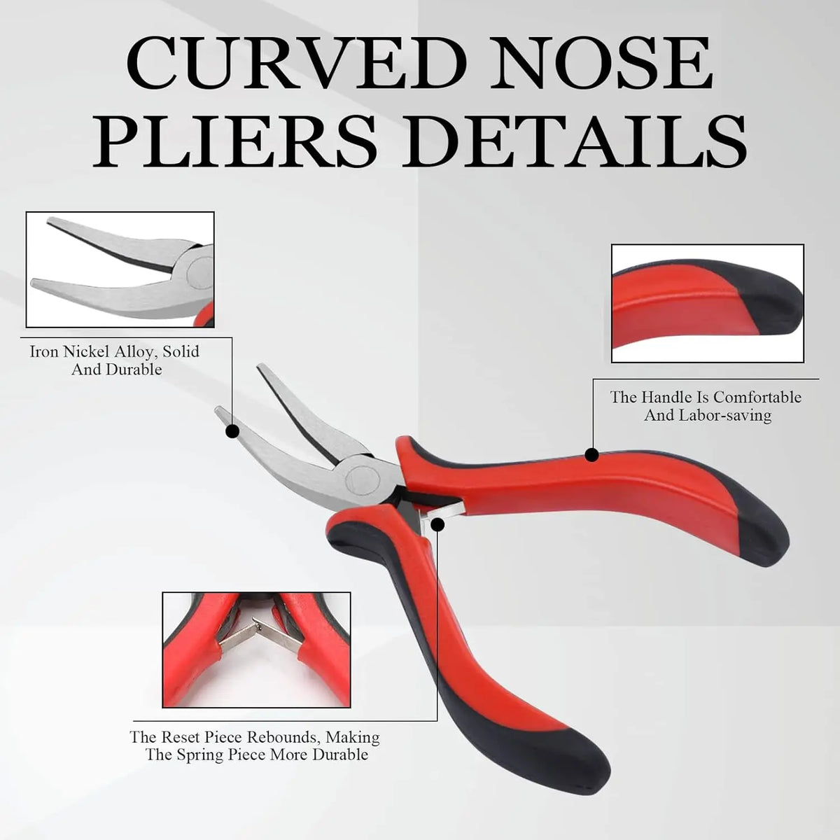 A pair of red and black curved nose pliers used for hair extension installation.