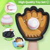 A black glove with a white softball is shown, highlighting its soft ball, strong stickiness, adjustable straps, and waterproo