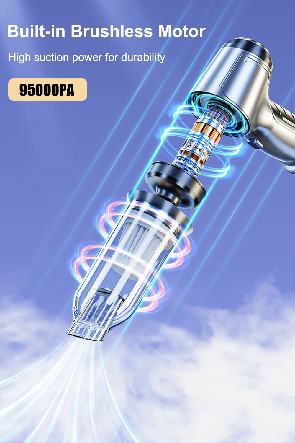 Close-up of a handheld vacuum cleaner with a built-in brushless motor demonstrating high suction power.